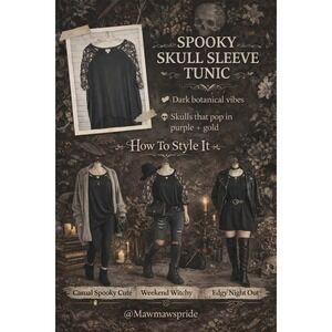 LuLaRoe Irma Tunic Top XL Black Purple Gold Skull Sleeve Halloween Spooky XL